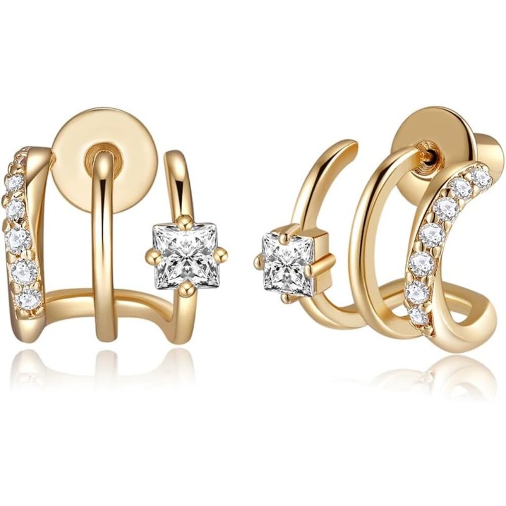 Gold Cubic Zirconia Triple-Row Huggie Earrings